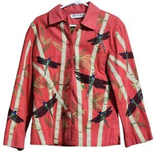 Vintage 80s dragon fly bamboo bold embroidered jacket color orange